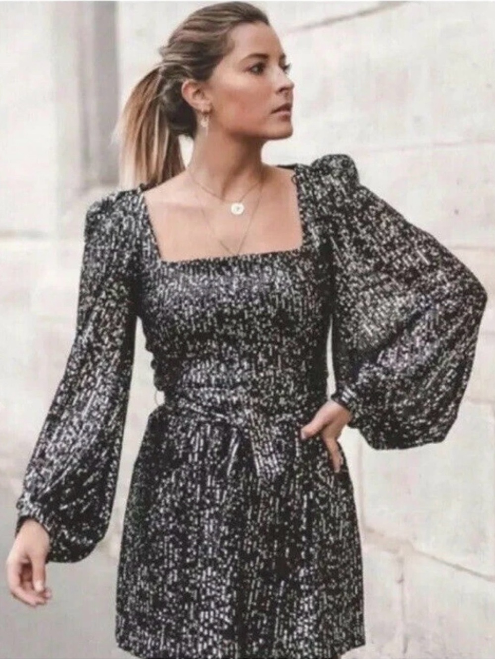 Zara Mini Sequin Dress Belted Bell Sleeves Silver Gray Black M